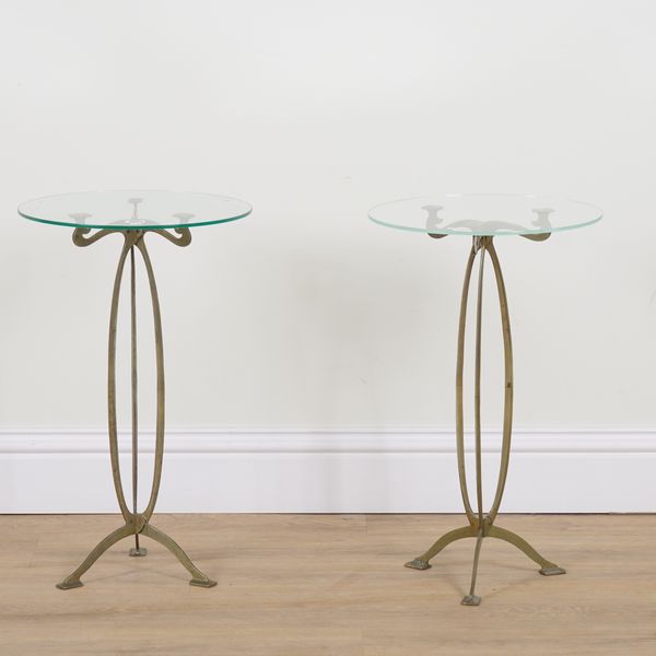 HARRIS AND SHELDON; A PAIR OF BRASS AND GLASS SIDE TABLES (2)