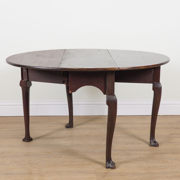 A 18TH CENTURY MAHOGANY DROP FLAP OVAL DINING TABLE