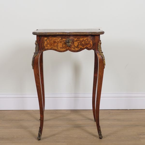 A 19TH CENTURY FRENCH GILT METAL MOUNTED ROSEWOOD MARQUETRY INLAID LIFT TOP WORK TABLE