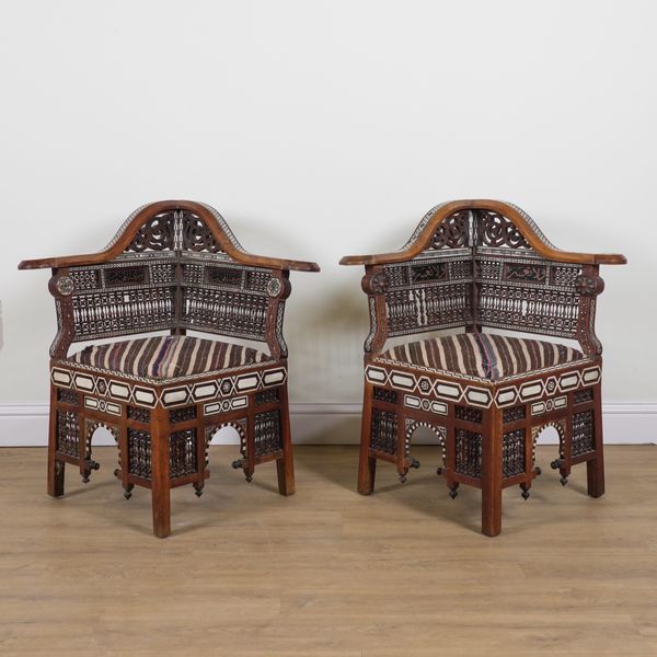 A PAIR OF ISLAMIC MOORISH STYLE BONE AND MOTHER OF PEARL INLAID CORNER CHAIRS (2)