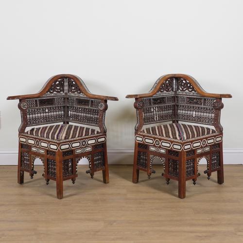 A PAIR OF ISLAMIC MOORISH STYLE BONE AND MOTHER OF PEARL INLAID CORNER CHAIRS (2)