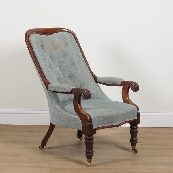 A VICTORIAN MAHOGANY FRAMED LOW OPEN ARMCHAIR