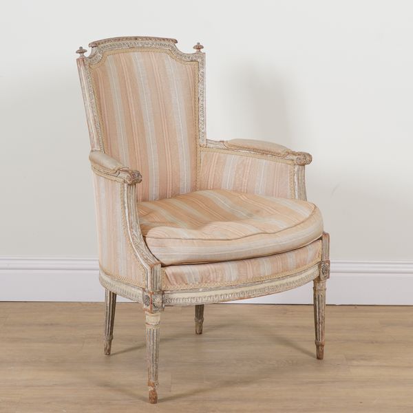 A LOUIS XVI GREY PAINTED TUB BACK CHAIR