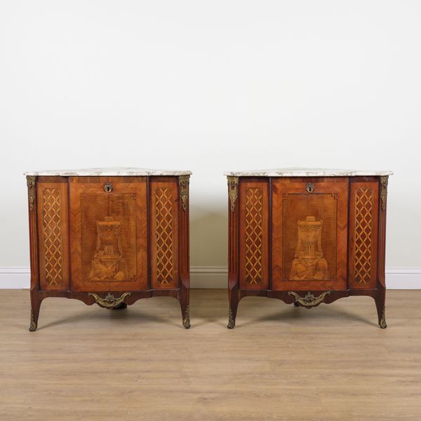 A PAIR OF LOUIS XV KINGWOOD MARQUETRY INLAID MARBLE TOPPED CORNER CUPBOARDS/ENCOIGNURES (2)