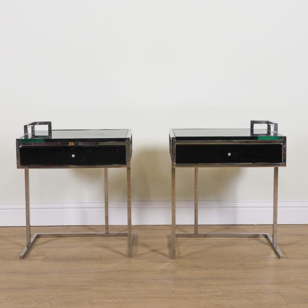 A PAIR OF CHROME AND BLACK GLASS SINGLE DRAWER BEDSIDE TABLES (2)