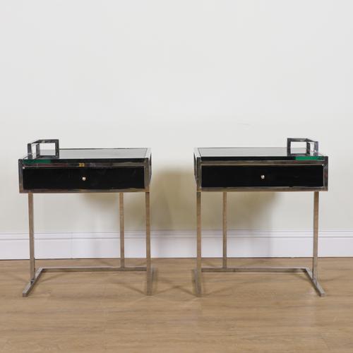 A PAIR OF CHROME AND BLACK GLASS SINGLE DRAWER BEDSIDE TABLES (2)