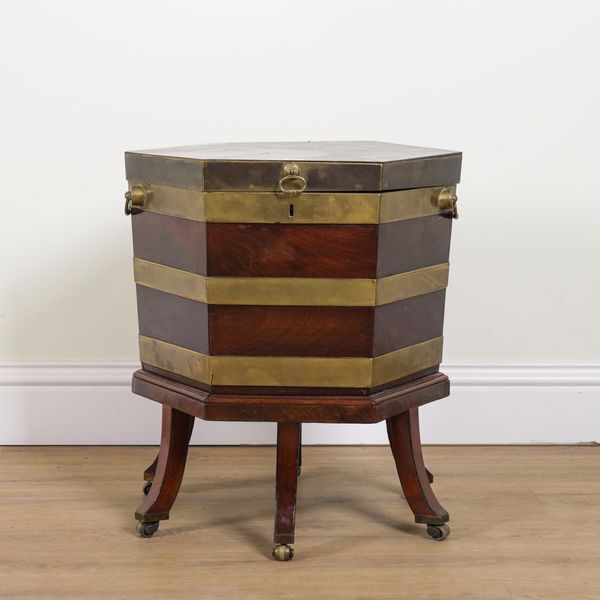 A GEORGE III BRASS BOUND MAHOGANY HEXAGONAL WINE COOLER