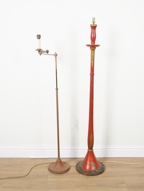 A GILT DECORATED RED LACQUER CHINOISERIE FLOOR STANDING LIGHT (2)