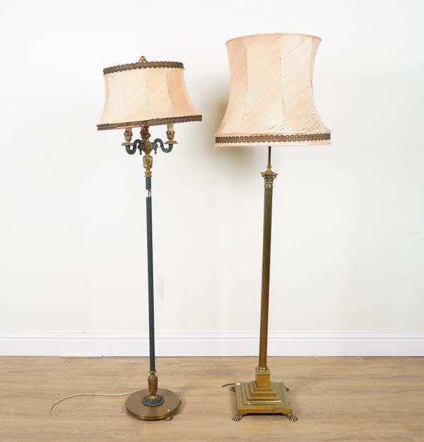 A SWEDISH NEO-CLASSICAL STYLE GILT AND PATINATED METAL FLOOR STANDING LAMP OR STANDARD LIGHT AND A CORINTHIAN COLUMN EXAMPLE (2)