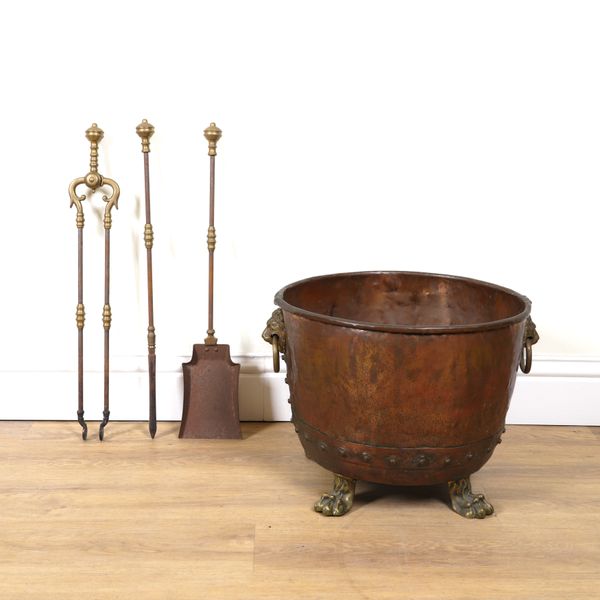 A RIVETTED COPPER COPPER BRASS MOUNTED AS A LOG BIN OR JARDINIERE (4)