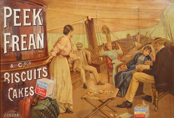 ADVERTISING SIGN: A PRINTED CARD AND MOUNTED FOR PEEK FREAN & CO.S BISCUITS & CAKES