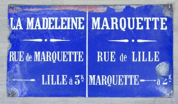 A FRENCH BLUE ENAMEL STREET SIGN FOR LA MADELEINE / MARQUETTE