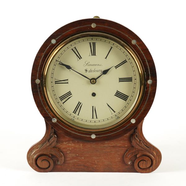 SIMMONS OF SALISBURY: AN EARLY VICTORIAN MOTHER-OF-PEARL INLAID ROSEWOOD DROP-DIAL WALL CLOCK OR MANTEL CLOCK