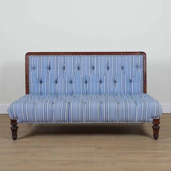 RALPH LAUREN; A BUTTONBACK BLUE STRIPE UPHOLSTERED BENCH