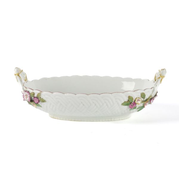 A CHELSEA PORCELAIN TWO-HANDLED OVAL BASKET