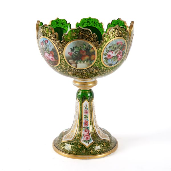 A BOHEMIAN GREEN GLASS TAZZA