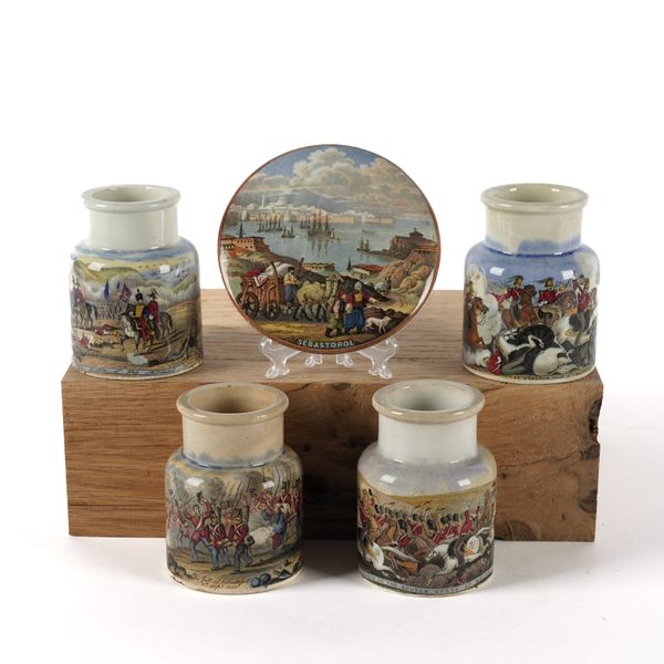 FOUR PRATTWARE CRIMEAN WAR CYLINDRICAL JARS (5)