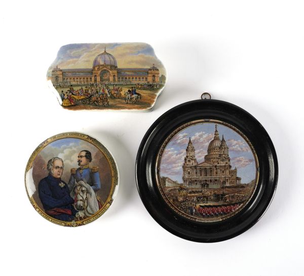 A PRATTWARE RECTANGULAR POT LID AND BASE 14.5CM WIDE,  `ALEXANDRA PALACE 1873' (4)