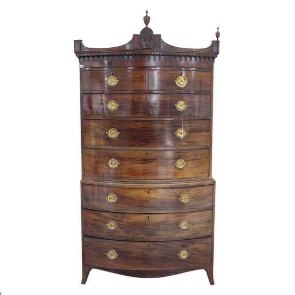 A GEORGE III  MAHOGANY BOWFRONT CHEST ON CHEST