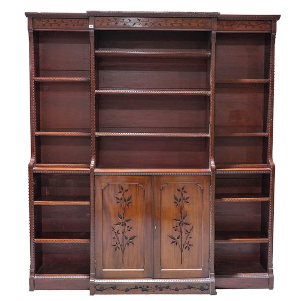 AN ART NOVEAU FRUITWOOD TRIPLE BREAKFRONT OPEN BOOKCASE CUPBOARD