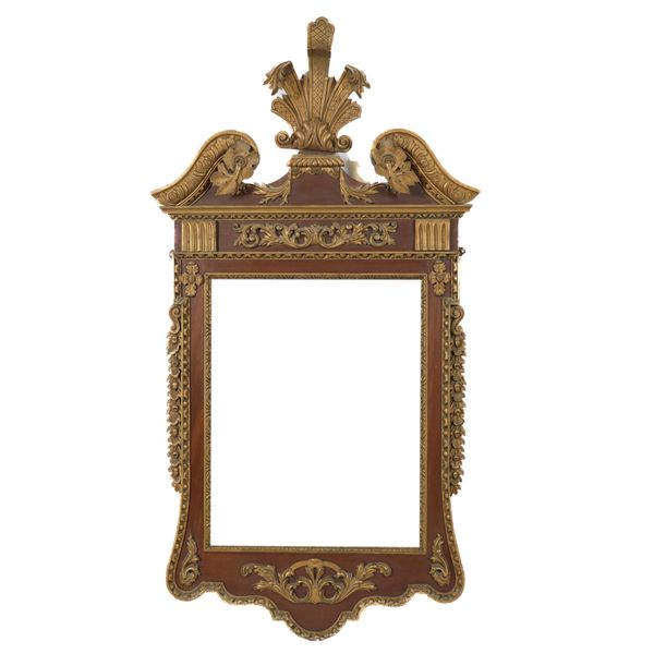 A GEORGE II STYLE MAHOGANY PARCEL GILT DECORATED WALL MIRROR