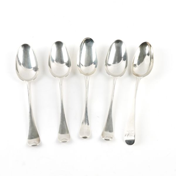 FIVE SILVER BOTTOM MARKED TABLESPOONS (5)