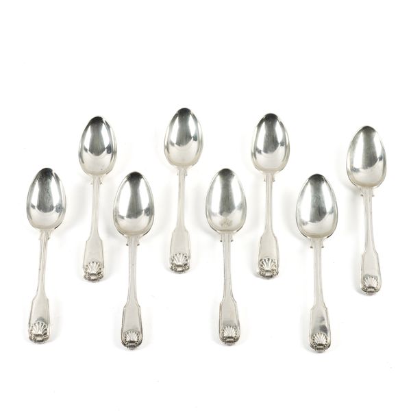 EIGHT SILVER FIDDLE AND SHELL PATTERN DESSERT SPOONS (8)