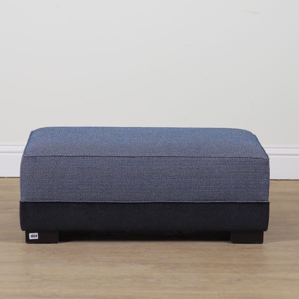 A MODERN RECTANGULAR BLUE UPHOLSTERED FOOT STOOL