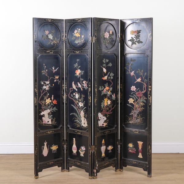 A CHINESE CHINOISERIE HARDSTONE MOUNTED BLACK LACQUER FOUR FOLD SCREEN