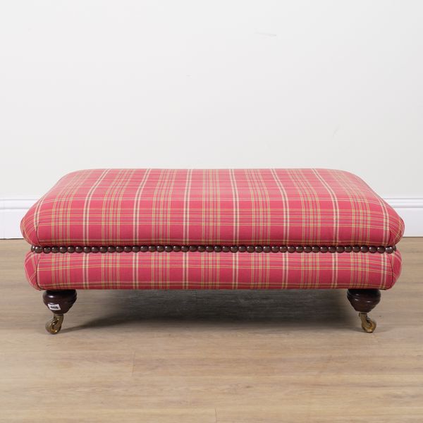 A RED TARTAN UPHOLSTERED RECTANGULAR FOOTSTOOL