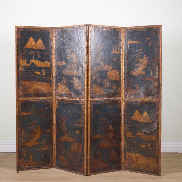 AN EDWARDIAN CHINOISERIE DECORATED LEATHER FOUR FOLD SCREEN