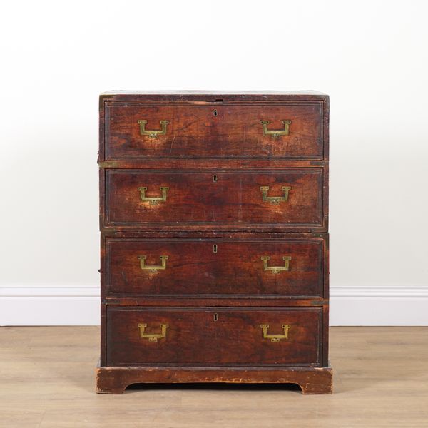 AN EARLY 19TH CENTURY TEAK TWO PART FOUR DRAWER CAMPAIGN CHEST