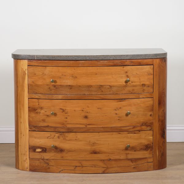 A 20TH CENTURY MARBLE TOPPED YEW WOOD CHEST