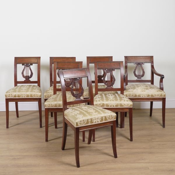 A SET OF SEVEN 19TH CENTURY DUTCH BRASS INLAID LYRE BACK DINING CHAIRS (7)