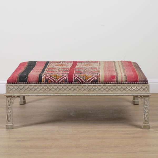 A RECTANGULAR GREY PAINTED FOOTSTOOL