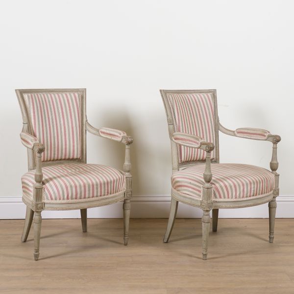 GEORGE JACOBS 1739-1849; A PAIR OF GREY PAINTED SQUARE BACK OPEN ARMCHAIRS (2)