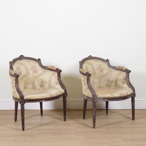 A PAIR OF 18TH CENTURY FRENCH CARVED MAHOGANY FRAMED TUB ARMCHAIRS (2)