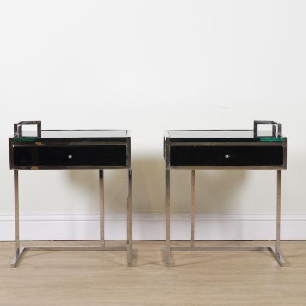 A PAIR OF CHROME AND BLACK GLASS SINGLE DRAWER BEDSIDE TABLES (2)