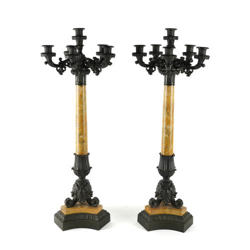 A PAIR OF FRENCH LOUIS-PHILIPPE BRONZE AND SIENA MARBLE SIX LIGHT CANDELABRA (2)