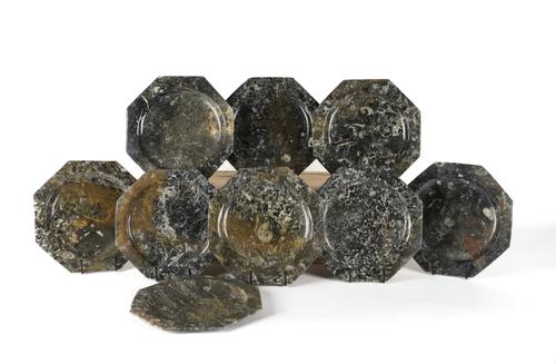 EIGHT FOSSIL OCTAGONAL PLATES WITH ORTHOCERAS AND GONIATITE INCLUSIONS (8)