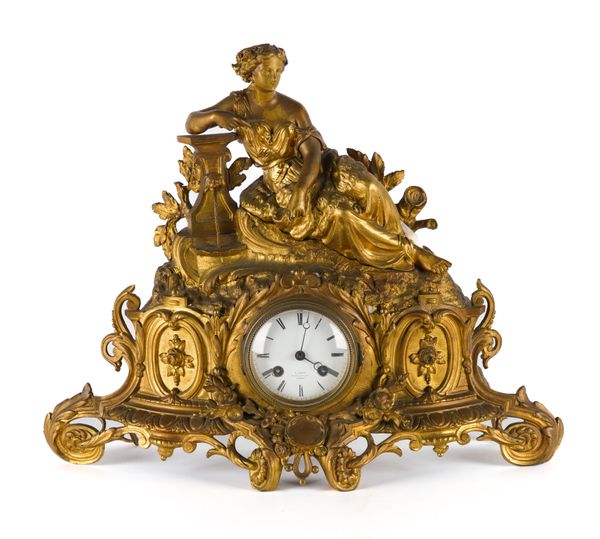 A FRENCH NEO-CLASSICAL REVIVAL GILT-METAL FIGURAL MANTEL CLOCK