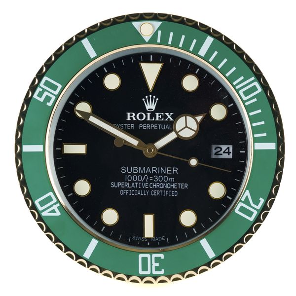 A METAL WALL CLOCK IN THE STYLE OF A ROLEX SUBMARINER