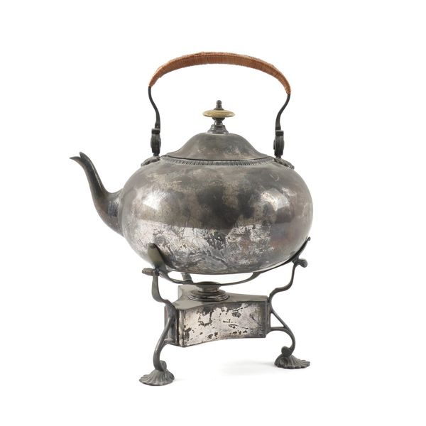 A VICTORIAN SILVER TEAPOT WITH STAND AND SPIRIT BURNER