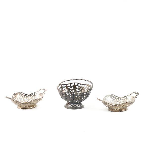 A PAIR OF DUTCH TWIN HANDLED DISHES AND A SILVER SMALL BASKET (3)