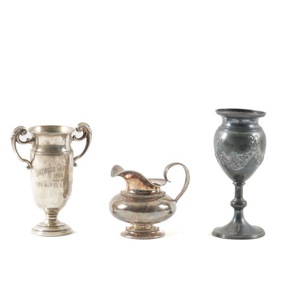 A STERLING TWIN HANDLED TROPHY AND TWO FURTHER ITEMS (3)