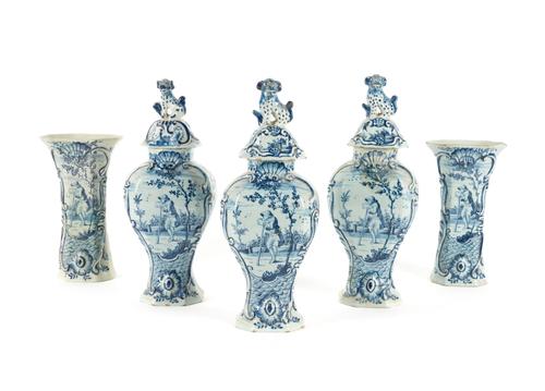 A DUTCH DELFT GARNITURE OF FIVE BLUE AND WHITE VASES (8)