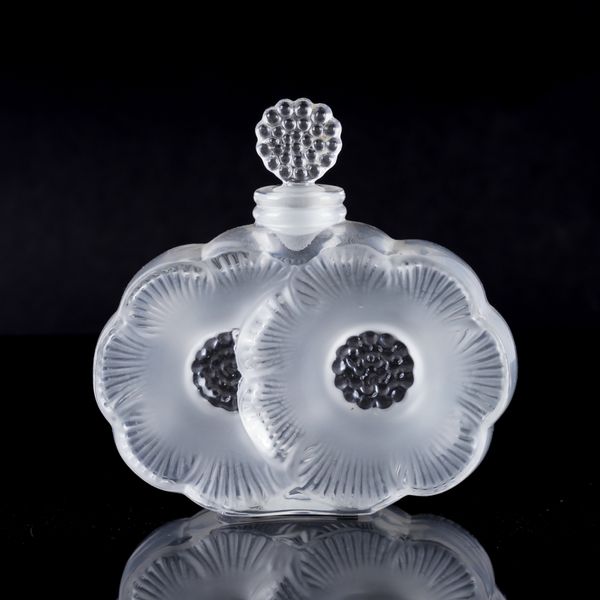 A LALIQUE `DEUX FLEURS' CLEAR AND FROSTED SCENT BOTTLE AND STOPPER (2)