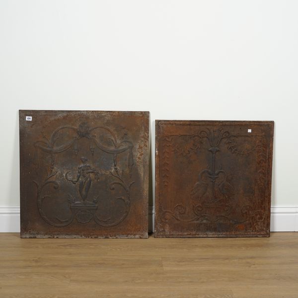 TWO NEO-CLASSICAL STYLE LOW RELIEF CAST-IRON FIREBACKS (2)