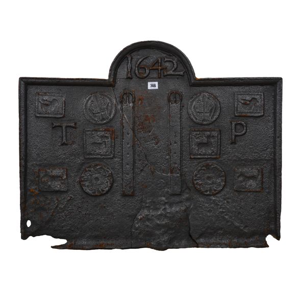 A CHARLES I SUSSEX CAST-IRON FIRE-BACK DATED 1642