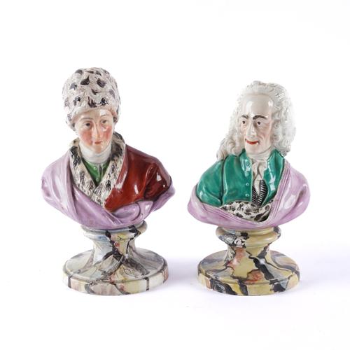 A PAIR OF STAFFORDSHIRE PEARLWARE BUSTS OF ROUSSEAU AND VOLTAIRE (2)